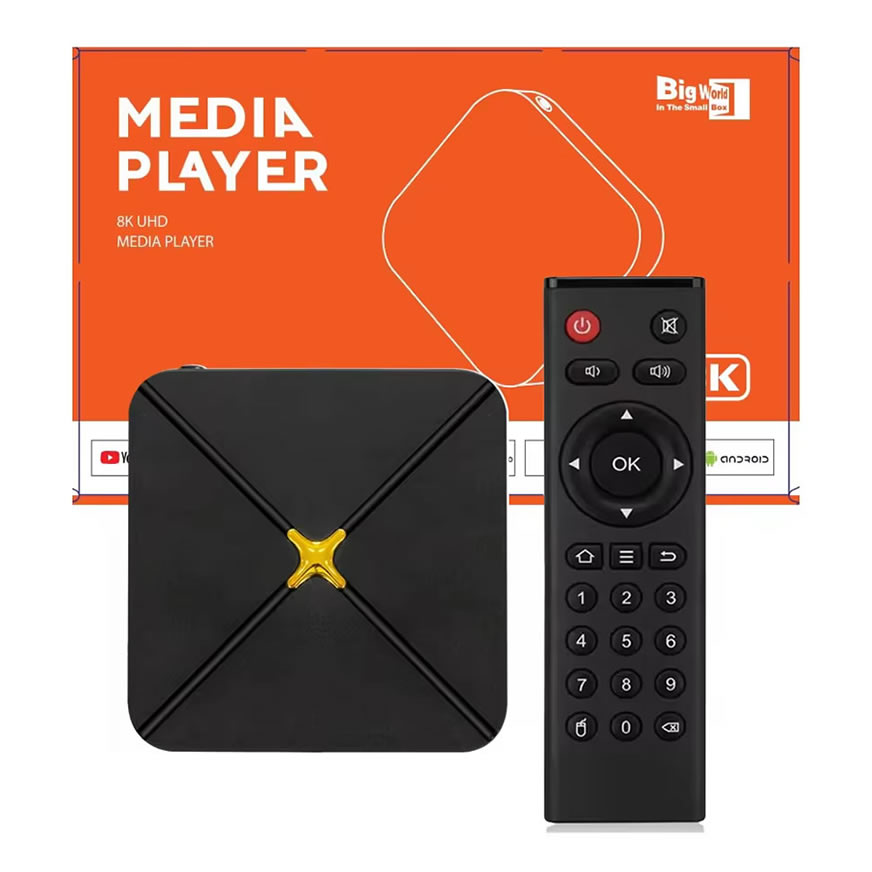 Caja de TV Inteligente HLQ-PLUS, Procesador Insignia Amlogic S905X3 Cuatro Núcleos 1,8GHz, 2GB DDR4+8GB/32GB/64GB eMMC, WiFi Doble Banda y Bluetooth, Decodificación 4K@60fps HDR10, Reproductor de Red Android 9.0-14